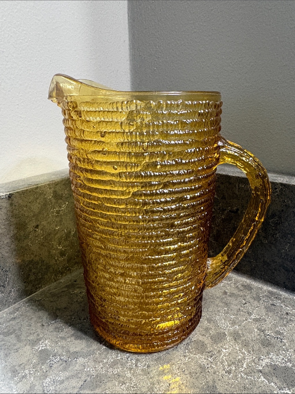 Anchor Hocking Soreno Amber  Glass Pitcher with “Soreno Gold” textured bark bark